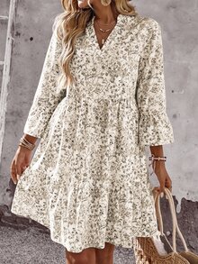 EMERY ROSE Women's Floral Print V-Neck Flare Sleeve Casual Mini Dress For Vacation - Apricot - View 5