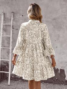 EMERY ROSE Women's Floral Print V-Neck Flare Sleeve Casual Mini Dress For Vacation - Apricot - View 2