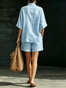 EMERY ROSE Apricot Faux Linen Lapel Batwing Sleeve Shirt And Shorts Casual Vacation Women's Two Pieces Set - Blue - View 2