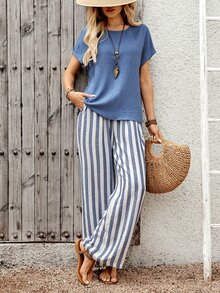EMERY ROSE Women's Blue Round Neck Short Sleeve Top + Elastic Waist Blue & White Striped Wide Leg Pants 2 Pieces Set - Multicolor - View 8