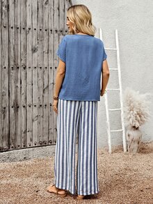 EMERY ROSE Women's Blue Round Neck Short Sleeve Top + Elastic Waist Blue & White Striped Wide Leg Pants 2 Pieces Set - Multicolor - View 2