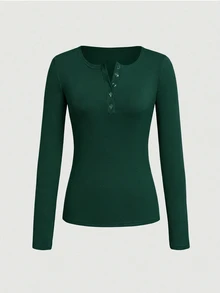 EMERY ROSE Women's Minimalist Solid Color Button Long Sleeve Ribbed T-Shirt - Dark Green - View 4
