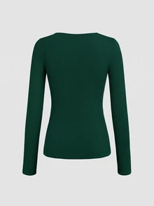 EMERY ROSE Women's Minimalist Solid Color Button Long Sleeve Ribbed T-Shirt - Dark Green - View 2