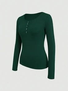 EMERY ROSE Women's Minimalist Solid Color Button Long Sleeve Ribbed T-Shirt - Dark Green - View 5