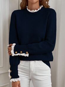 EMERY ROSE Women's Casual Loose Fit Long Sleeve Sweater With Frill Trim, Autumn - Navy Blue - View 1