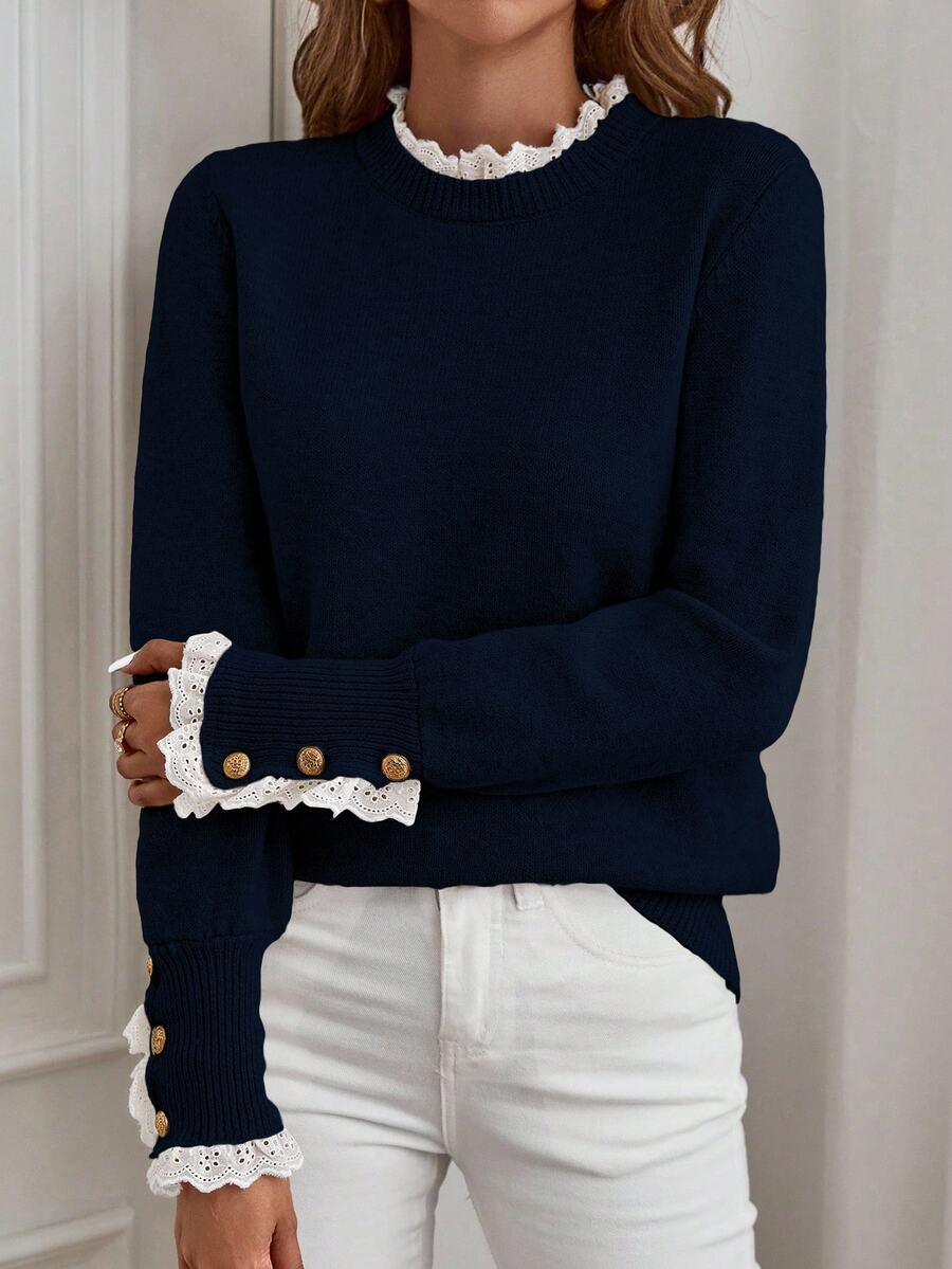 EMERY ROSE Women's Casual Loose Fit Long Sleeve Sweater With Frill Trim, Autumn - Navy Blue - View 1