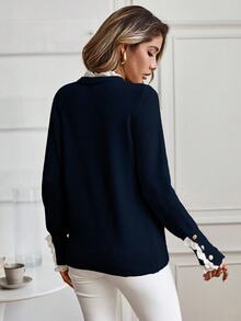 EMERY ROSE Women's Casual Loose Fit Long Sleeve Sweater With Frill Trim, Autumn - Navy Blue - View 2
