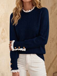EMERY ROSE Women's Casual Loose Fit Long Sleeve Sweater With Frill Trim, Autumn - Navy Blue - View 3