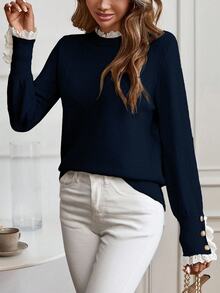 EMERY ROSE Women's Casual Loose Fit Long Sleeve Sweater With Frill Trim, Autumn - Navy Blue - View 5