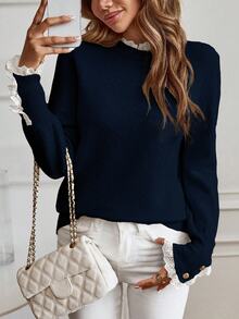 EMERY ROSE Women's Casual Loose Fit Long Sleeve Sweater With Frill Trim, Autumn - Navy Blue - View 7