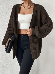 EMERY ROSE Open Front Drop Shoulder Cardigan,Long Sleeve Tops Fall Winter Cloth For Women - Coffee Brown - View 5