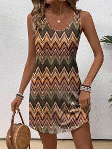 EMERY ROSE Dark Green Geometric Pattern Round Neck Short Tank Dress For Women,Summer Boho Holiday Vacation Holiday,Bohemian Chic Vintage Seaside Resort Style - Multicolor - View 9