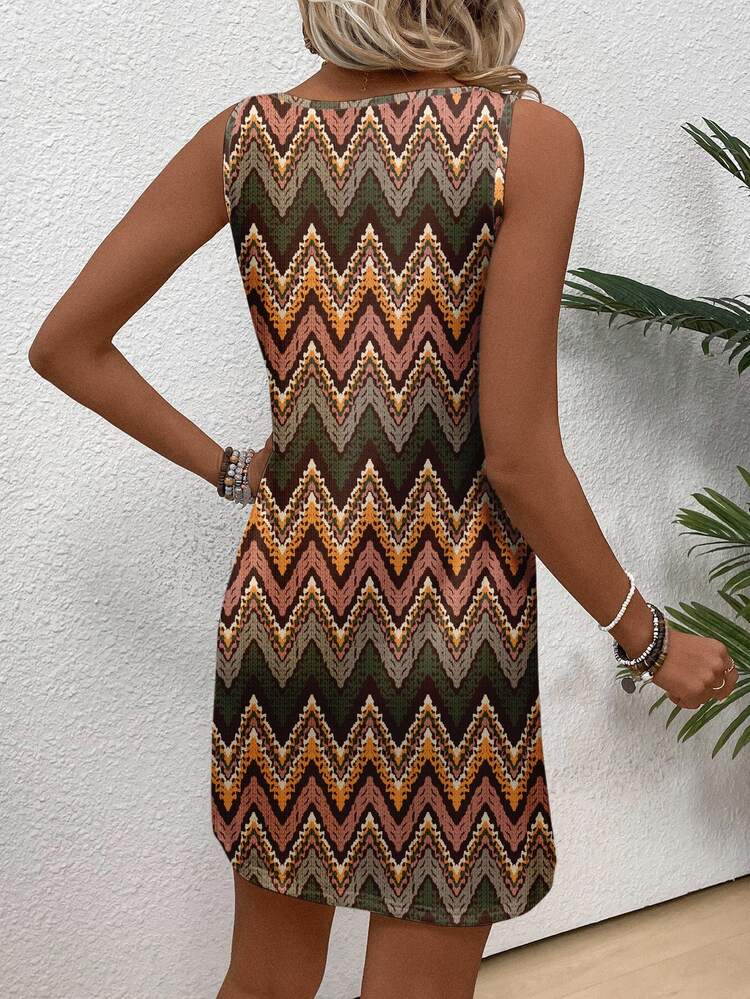 EMERY ROSE Vestido corto de tirantes con cuello redondo y patrón geométrico vintage casual para mujeres, bohemio, elegante boho, adecuado para otoño, vacaciones de verano, festivales de música, estilo resort campestre y costero - Multicolor - Añade 5