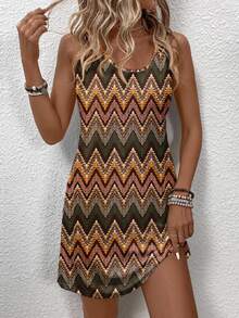 EMERY ROSE Dark Green Geometric Pattern Round Neck Short Tank Dress For Women,Summer Boho Holiday Vacation Holiday,Bohemian Chic Vintage Seaside Resort Style - Multicolor - View 8