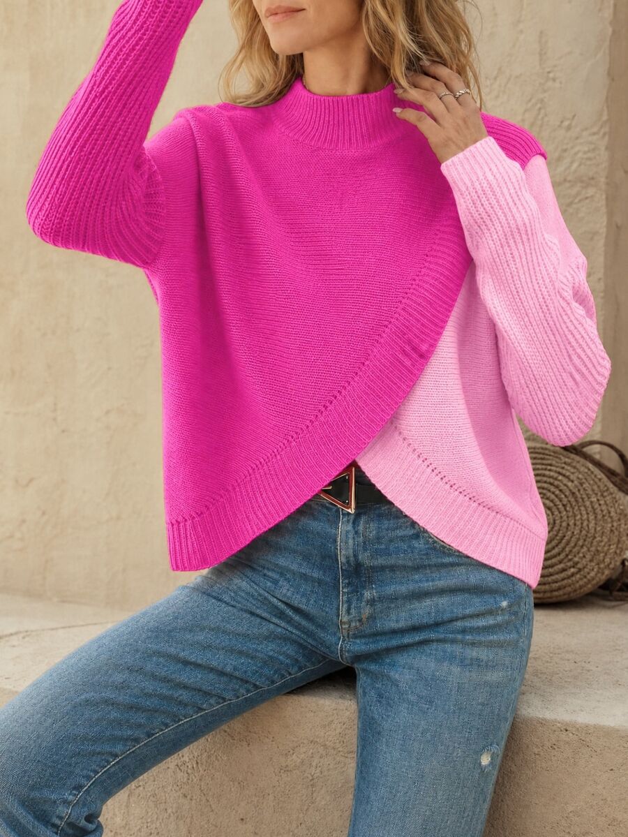 SHEIN Women Stand Collar Long Sleeve Patchwork Fashionable Comfortable Pullover Sweater, Long Sleeve Top, Knit Pullover Fall Winter - Multicolor - View 1