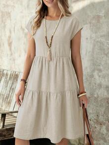 EMERY ROSE Spring/Summer Casual Everyday Outing Faux Linen Green Short Sleeve Round Neck Mid-Length Dress For Women - Silver - View 2