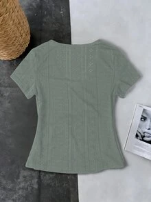 EMERY ROSE Women's Solid Color V-Neck Short Sleeve Pleated Button Design Casual T-Shirt - Olive Green - View 5