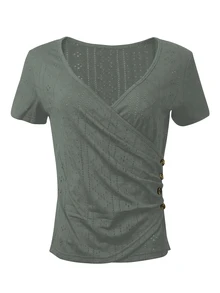 EMERY ROSE Women's Solid Color V-Neck Short Sleeve Pleated Button Design Casual T-Shirt - Olive Green - View 4
