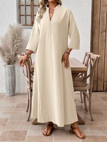 EMERY ROSE Women's Vacation Solid Color V-Neck 3/4 Sleeve Casual Dress Resort Wear Women Dresses For Summer Zanzea - Khaki - View 3