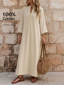 EMERY ROSE Women's Vacation Solid Color V-Neck 3/4 Sleeve Casual Dress Resort Wear Women Dresses For Summer Zanzea - Khaki - View 2