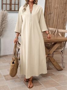EMERY ROSE Women's Vacation Solid Color V-Neck 3/4 Sleeve Casual Dress Resort Wear Women Dresses For Summer Zanzea - Khaki - View 7