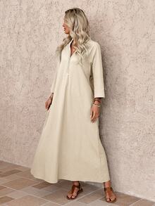 EMERY ROSE Women's Vacation Solid Color V-Neck 3/4 Sleeve Casual Dress Resort Wear Women Dresses For Summer Zanzea - Khaki - View 6