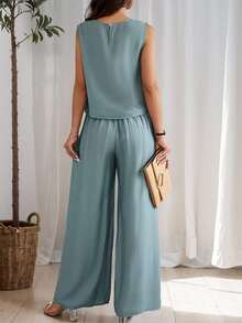 EMERY ROSE Women's Summer Solid Color Round Neck Top And Pleated Wide Leg Casual Casual Two-Piece Set - Dusty Blue - View 2