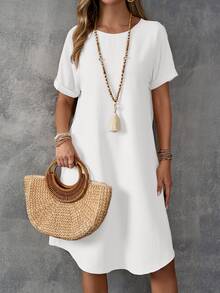 EMERY ROSE Women's Plain Crew Neck Short Sleeve Loose Casual Mid-Length Dress,Summer Dresses For Women,White Dresses For Women - White - View 5