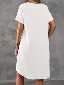 EMERY ROSE Women's Plain Crew Neck Short Sleeve Loose Casual Mid-Length Dress,Summer Dresses For Women,White Dresses For Women - White - View 2