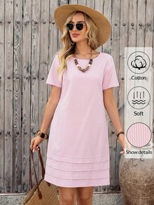 EMERY ROSE Striped Print Round Neck Casual Daily Short Sleeve Dress, Summer,Summer Dresses For Women - Pink - View 9