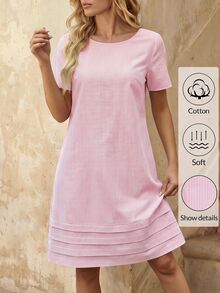 EMERY ROSE Striped Print Round Neck Casual Daily Short Sleeve Dress, Summer,Summer Dresses For Women - Pink - View 1