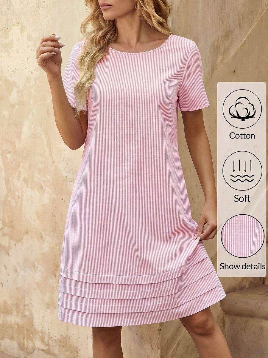 EMERY ROSE Striped Print Round Neck Casual Daily Short Sleeve Dress, Summer,Summer Dresses For Women - Pink - View 1