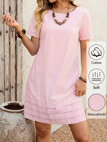 EMERY ROSE Striped Print Round Neck Casual Daily Short Sleeve Dress, Summer,Summer Dresses For Women - Pink - View 8