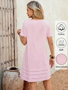 EMERY ROSE Striped Print Round Neck Casual Daily Short Sleeve Dress, Summer,Summer Dresses For Women - Pink - View 2