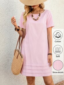 EMERY ROSE Striped Print Round Neck Casual Daily Short Sleeve Dress, Summer,Summer Dresses For Women - Pink - View 5