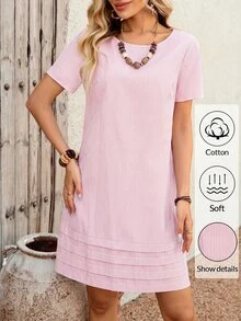 EMERY ROSE Striped Print Round Neck Casual Daily Short Sleeve Dress, Summer,Summer Dresses For Women - Pink - View 4