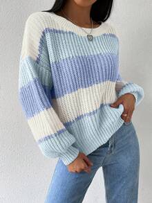 SHEIN Suéter de punto de hombros caídos con bloqueo de color, parte superior de manga larga de punto, suéter de punto de otoño e invierno - Celeste - Ver 4