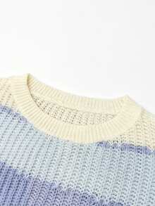 SHEIN Suéter de punto de hombros caídos con bloqueo de color, parte superior de manga larga de punto, suéter de punto de otoño e invierno - Celeste - Ver 9