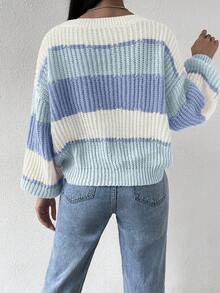 SHEIN Suéter de punto de hombros caídos con bloqueo de color, parte superior de manga larga de punto, suéter de punto de otoño e invierno - Celeste - Ver 2