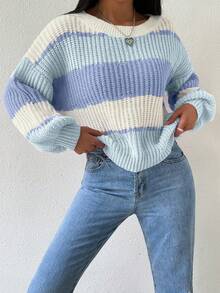 SHEIN Suéter de punto de hombros caídos con bloqueo de color, parte superior de manga larga de punto, suéter de punto de otoño e invierno - Celeste - Ver 6