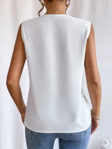 EMERY ROSE Solid V Neck Sleeveless Work Women Shirts Blouse,Sleeveless Tops - White - View 2