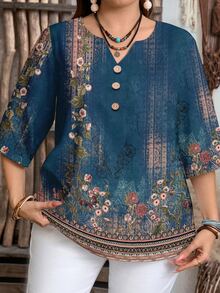 EMERY ROSE Women's Floral Print 3/4 Sleeve Button Design Casual Shirt,Summer Top - Multicolor - View 5