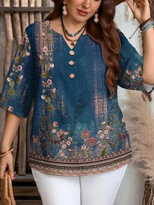 EMERY ROSE Women's Floral Print 3/4 Sleeve Button Design Casual Shirt,Summer Top - Multicolor - View 6