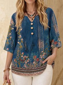 EMERY ROSE Women's Floral Print 3/4 Sleeve Button Design Casual Shirt,Summer Top - Multicolor - View 1