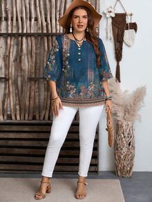 EMERY ROSE Women's Floral Print 3/4 Sleeve Button Design Casual Shirt,Summer Top - Multicolor - View 4