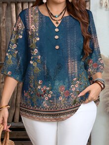 EMERY ROSE Women's Floral Print 3/4 Sleeve Button Design Casual Shirt,Summer Top - Multicolor - View 3