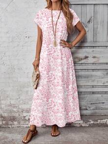 EMERY ROSE Casual Minimalist Pink Watercolor Floral Pattern Dress, Versatile, Suitable Spring/Summer And Autumn,Fall Dresses Chic - Multicolor - View 5