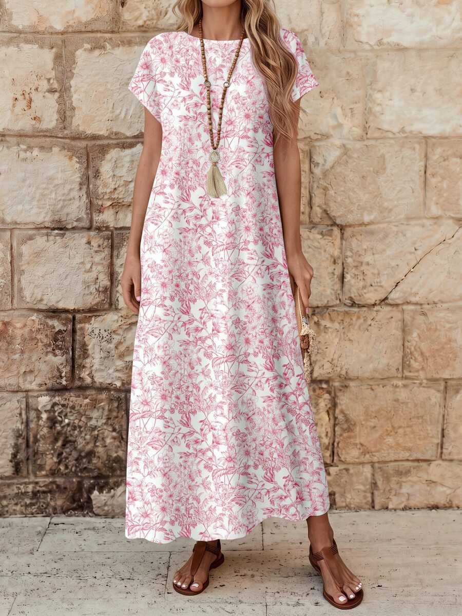 EMERY ROSE Casual Minimalist Pink Watercolor Floral Pattern Dress, Versatile, Suitable Spring/Summer And Autumn,Fall Dresses Chic