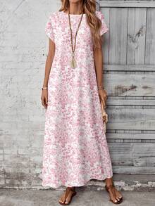EMERY ROSE Casual Minimalist Pink Watercolor Floral Pattern Dress, Versatile, Suitable Spring/Summer And Autumn,Fall Dresses Chic - Multicolor - View 6