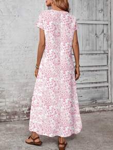 EMERY ROSE Casual Minimalist Pink Watercolor Floral Pattern Dress, Versatile, Suitable Spring/Summer And Autumn,Fall Dresses Chic - Multicolor - View 3